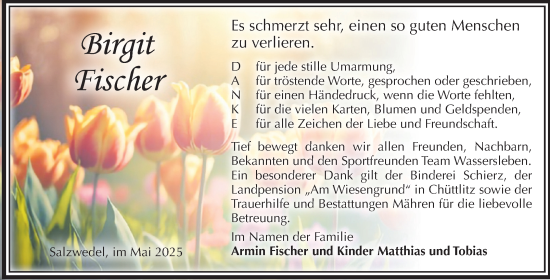 Traueranzeige von Birgit Fischer von Volksstimme Altmark West