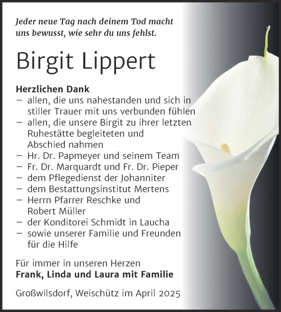 Traueranzeige von Birgit Lippert von Super Sonntag Naumburg/Nebra