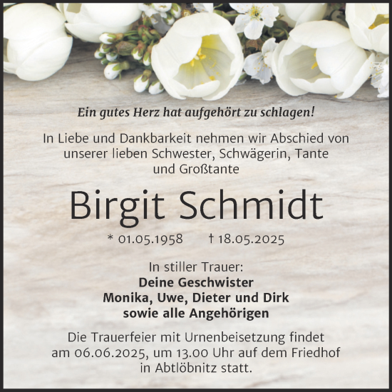 Traueranzeige von Birgit Schmidt von Super Sonntag Naumburg/Nebra