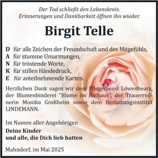 Traueranzeige von Birgit Telle von Volksstimme Halberstadt