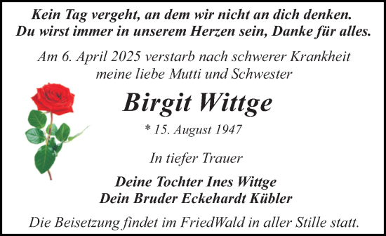 Traueranzeige von Birgit Wittge von Trauerkombi Dessau