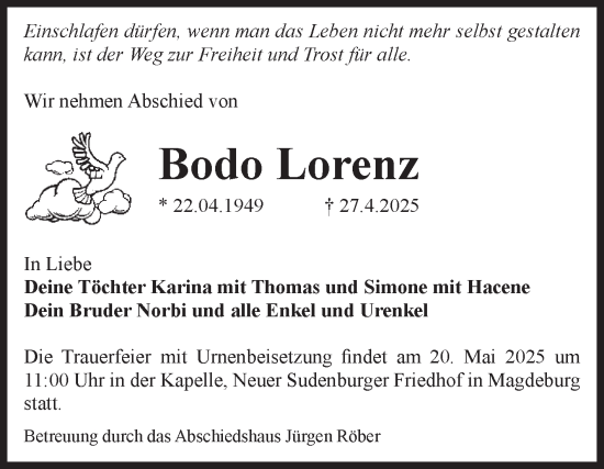Traueranzeige von Bodo Lorenz von Volksstimme Magdeburg