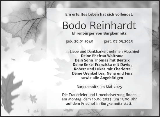 Traueranzeige von Bodo Reinhardt von Trauerkombi Bitterfeld