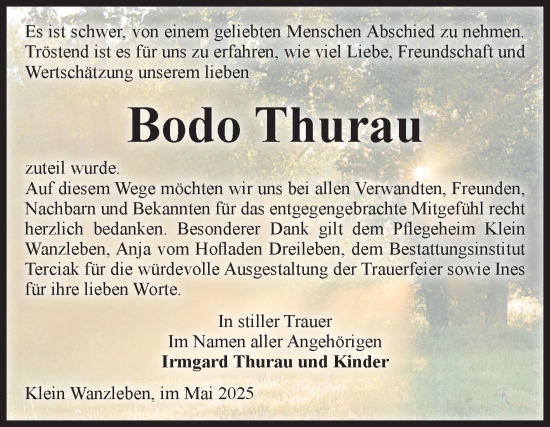 Traueranzeige von Bodo Thurau von Volksstimme Oschersleben/Wanzleben