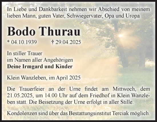 Traueranzeige von Bodo Thurau von Volksstimme Oschersleben/Wanzleben