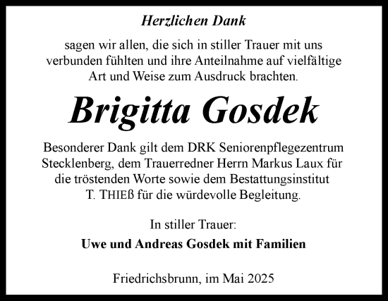 Traueranzeige von Brigitta Gosdek von Trauerkombi Quedlinburg
