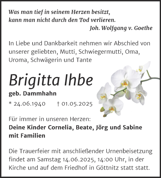 Traueranzeige von Brigitta Ihbe von Trauerkombi Bitterfeld