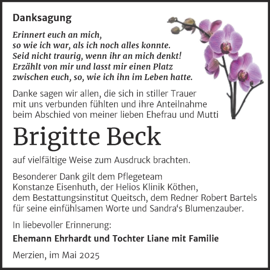 Traueranzeige von Brigitte Beck von Trauerkombi Köthen