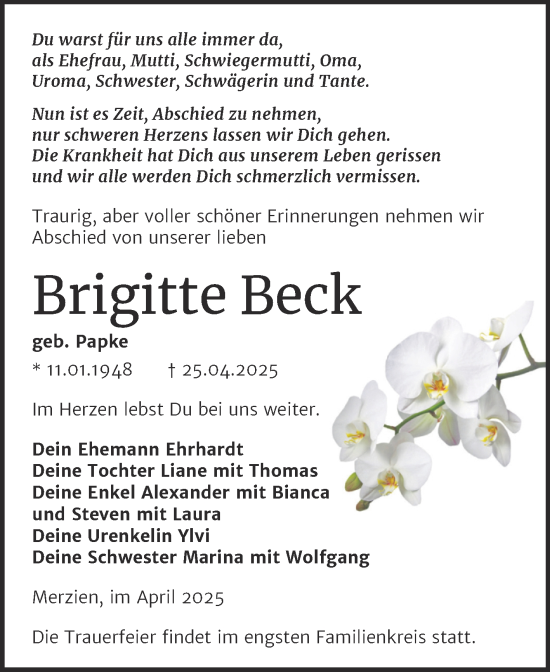Traueranzeige von Brigitte Beck von Trauerkombi Köthen