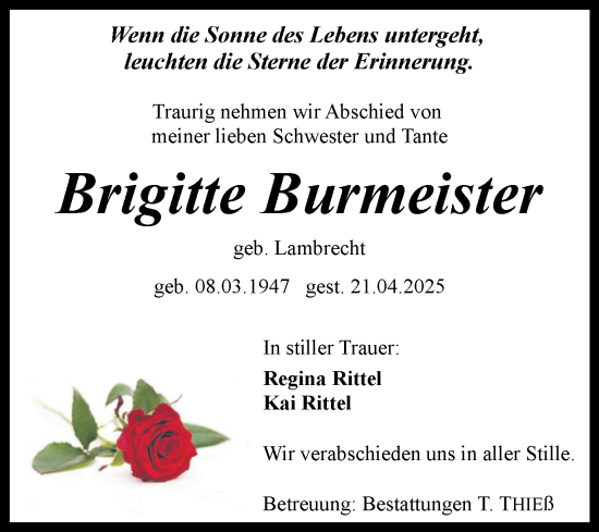 Traueranzeige von Brigitte Burmeister von Volksstimme Wernigerode
