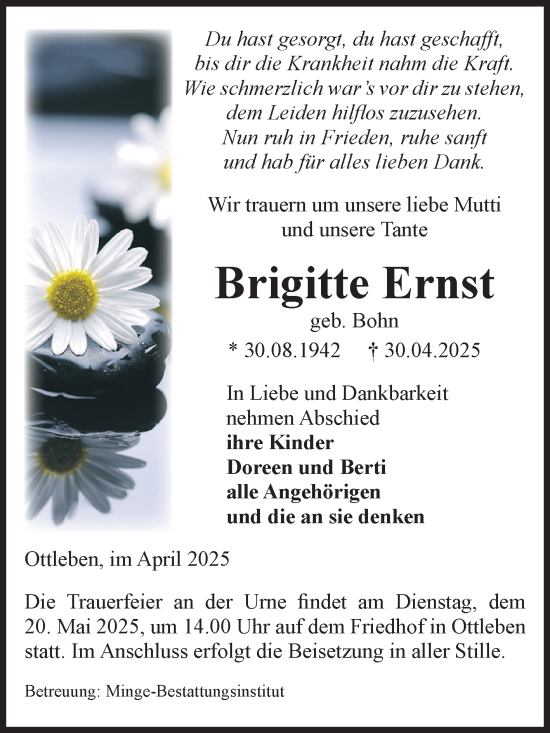 Traueranzeige von Brigitte Ernst von Volksstimme Oschersleben/Wanzleben
