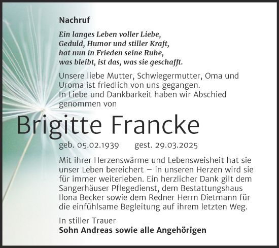 Traueranzeige von Brigitte Francke von Trauerkombi Sangerhausen