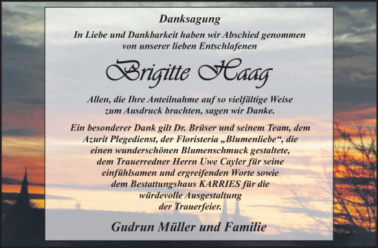 Traueranzeige von Brigitte Haag von Trauerkombi Quedlinburg
