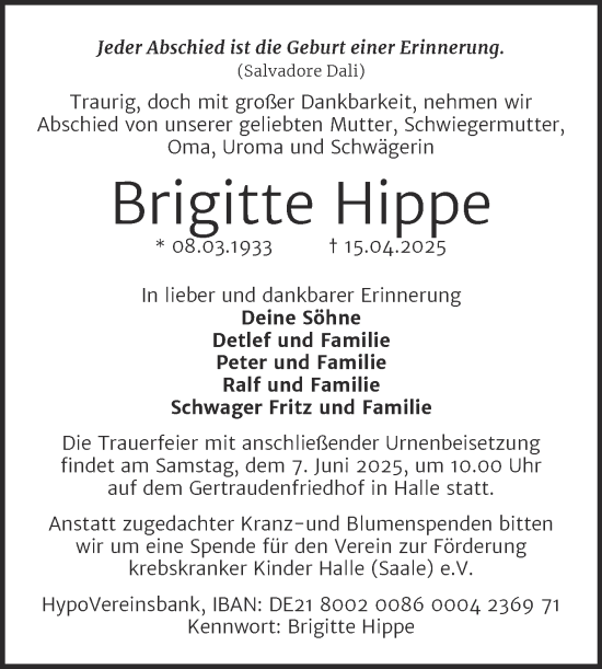 Traueranzeige von Brigitte Hippe von Mitteldeutsche Zeitung Halle/Saalkreis