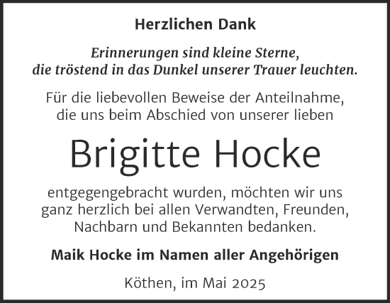 Traueranzeige von Brigitte Hocke von Mitteldeutsche Zeitung Köthen