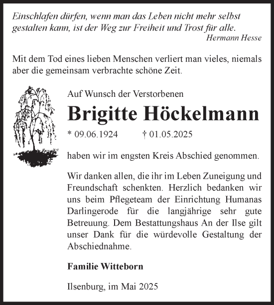 Traueranzeige von Brigitte Höckelmann von Volksstimme Wernigerode
