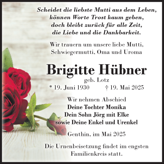 Traueranzeige von Brigitte Hübner 