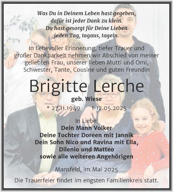 Traueranzeige von Brigitte Lerche von Trauerkombi Mansfelder Land