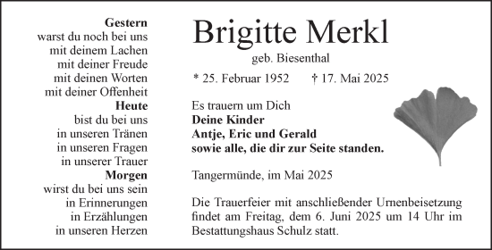 Traueranzeige von Brigitte Merkl von Volksstimme Altmark Ost