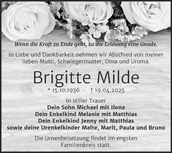 Traueranzeige von Brigitte Milde von Trauerkombi Bitterfeld
