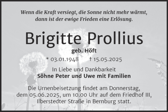Traueranzeige von Brigitte Prollius von Trauerkombi Bernburg