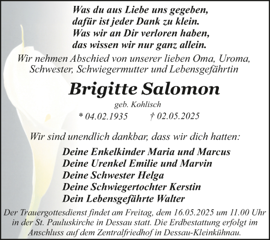 Traueranzeige von Brigitte Salomon von Trauerkombi Dessau