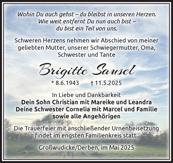 Traueranzeige von Brigitte Sausel von Volksstimme Burg/Genthin