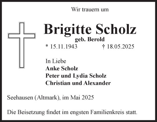 Traueranzeige von Brigitte Scholz von Volksstimme Altmark Ost