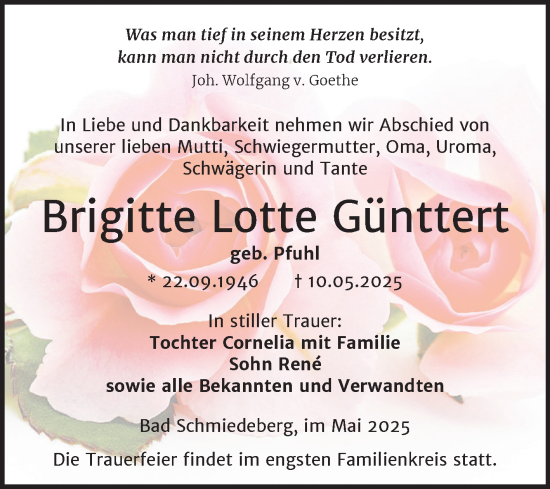 Traueranzeige von Brigitte Lotte Günttert von Trauerkombi Wittenberg