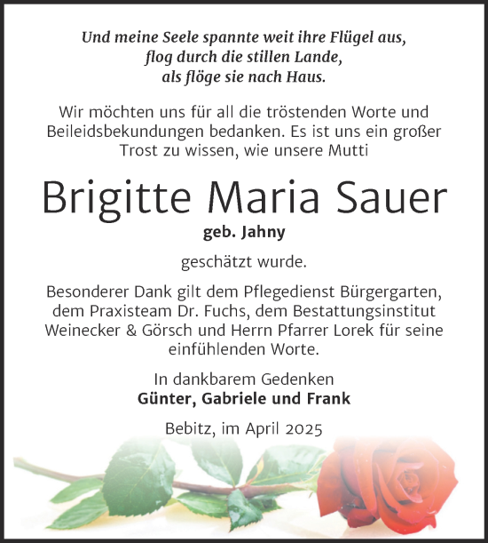 Traueranzeige von Brigitte Maria Sauer von Trauerkombi Bernburg