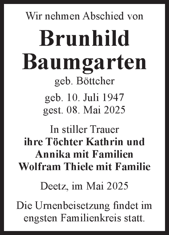 Traueranzeige von Brunhild Baumgarten von Volksstimme Zerbst