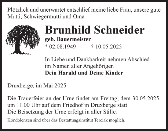 Traueranzeige von Brunhild Schneider von Volksstimme Oschersleben/Wanzleben