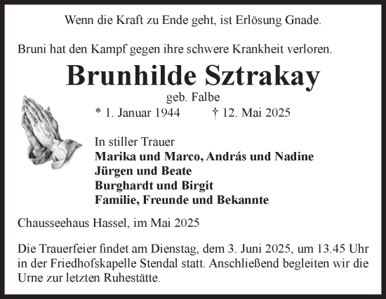 Traueranzeige von Brunhilde Sztrakay von Volksstimme Altmark Ost