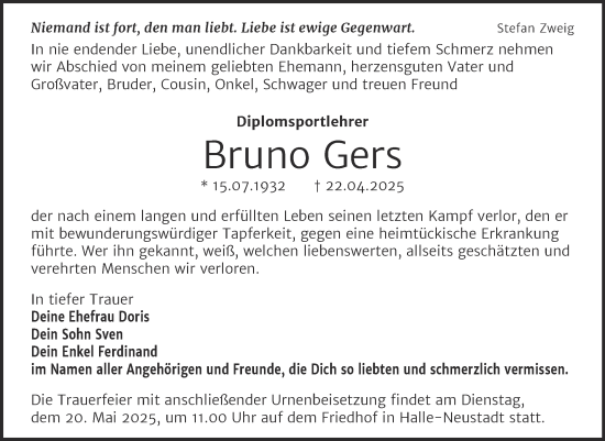 Traueranzeige von Bruno Gers von Mitteldeutsche Zeitung Halle/Saalkreis