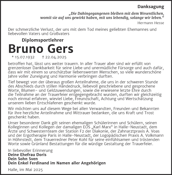 Traueranzeige von Bruno Gers von Mitteldeutsche Zeitung Halle/Saalkreis