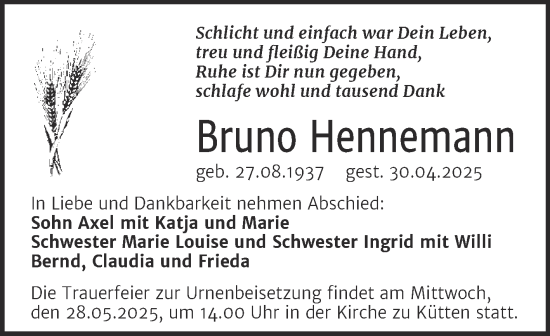 Traueranzeige von Bruno Hennemann von Mitteldeutsche Zeitung Halle/Saalkreis