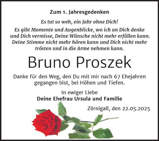 Traueranzeige von Bruno Proszek von Trauerkombi Wittenberg