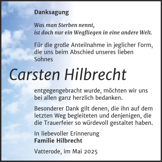 Traueranzeige von Carsten Hilbrecht von Trauerkombi Mansfelder Land