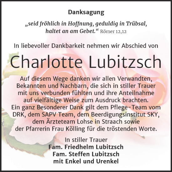 Traueranzeige von Charlotte Lubitzsch von Trauerkombi Wittenberg