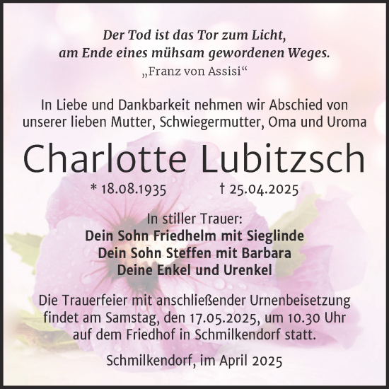 Traueranzeige von Charlotte Lubitzsch von Trauerkombi Wittenberg