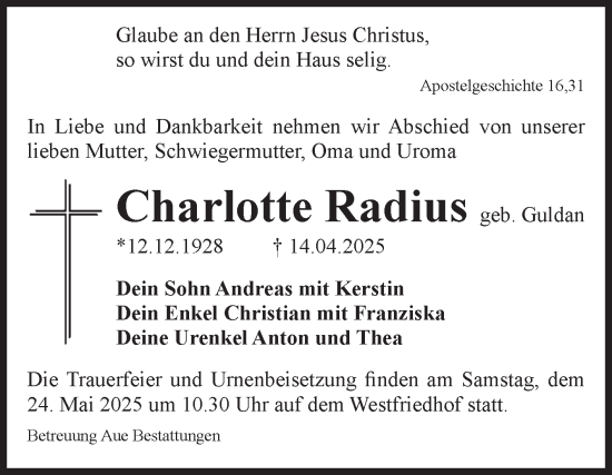 Traueranzeige von Charlotte Radius von Volksstimme Magdeburg