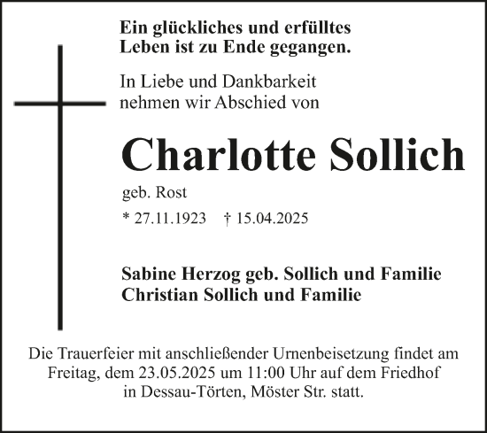 Traueranzeige von Charlotte Sollich von Trauerkombi Dessau