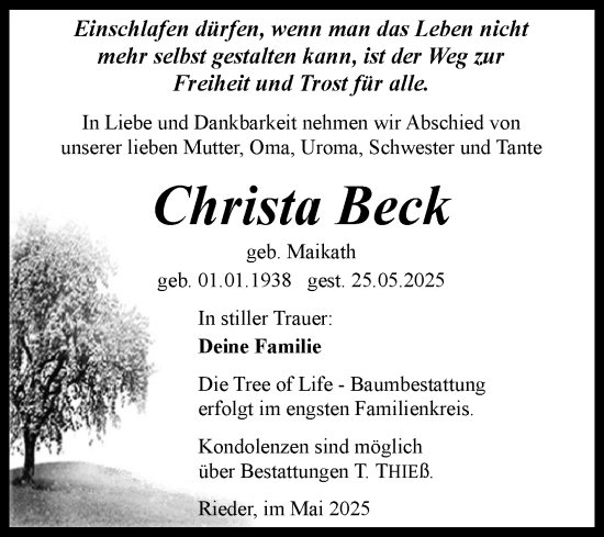 Traueranzeige von Christa Beck von Trauerkombi Quedlinburg