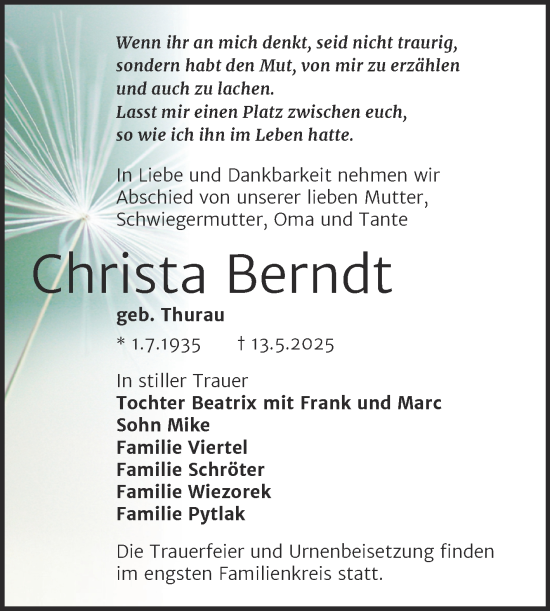 Traueranzeige von Christa Berndt von Trauerkombi Quedlinburg