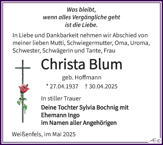 Traueranzeige von Christa Blum von Trauerkombi Weißenfels