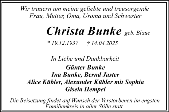 Traueranzeige von Christa Bunke von Trauerkombi Dessau