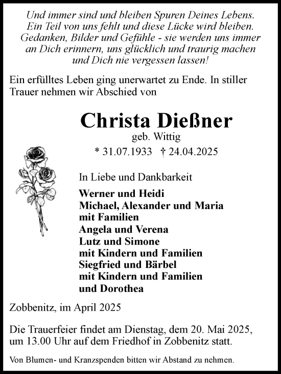 Traueranzeige von Christa Dießner von Volksstimme Haldensleben/Wolmirstedt