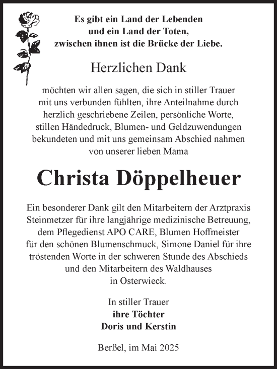 Traueranzeige von Christa Döppelheuer von Volksstimme Halberstadt