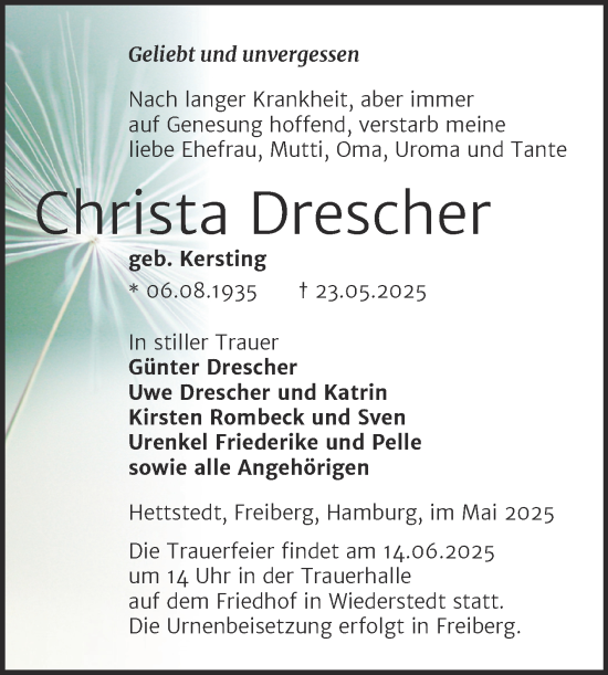 Traueranzeige von Christa Drescher von Trauerkombi Mansfelder Land