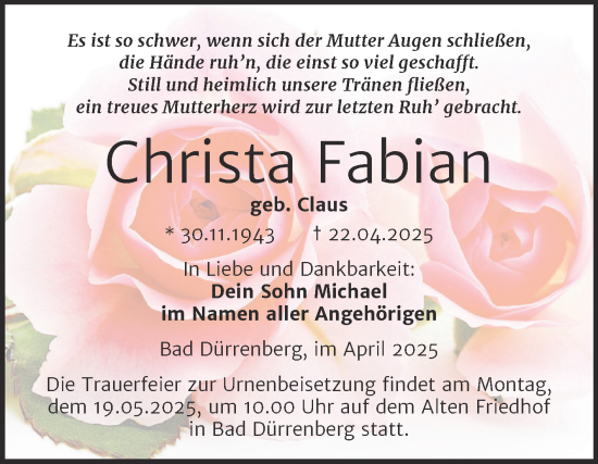 Traueranzeige von Christa Fabian von Trauerkombi Merseburg